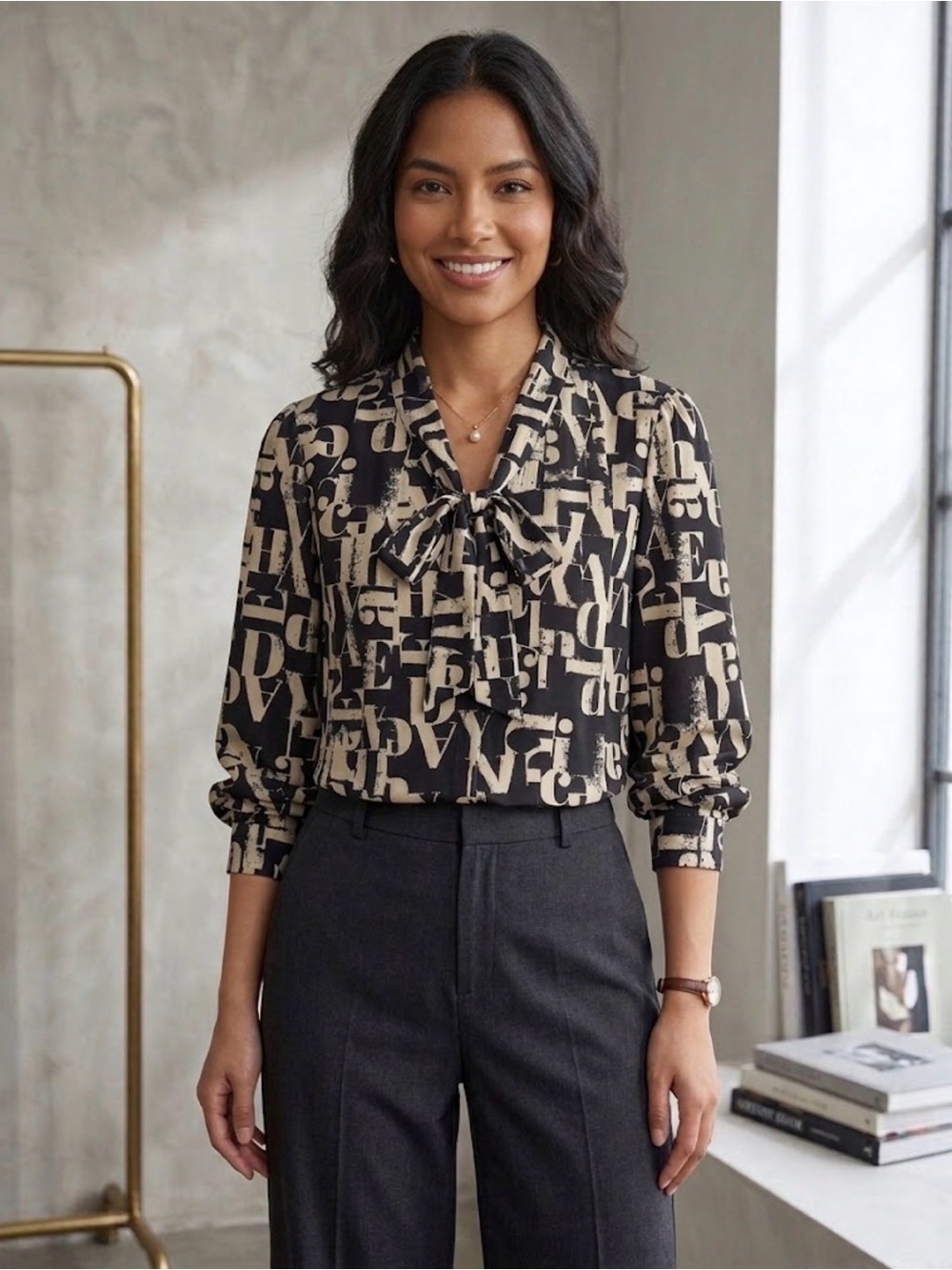 Milk & Honey Tie-Neck Letter-Print Blouse in Black & Cream Size M